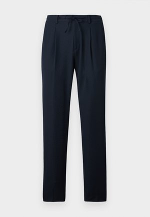 Marineblauwe broek van een lichtgewicht stof, met een gestructureerd patroon, geplooide voorkant en een elastische tailleband met een trekkoord.
