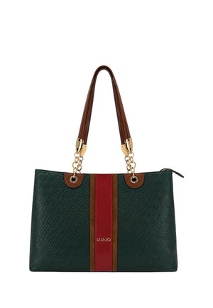Borsa a mano testurizzata verde scuro con strisce verticali marroni e rosse, inserti a catena dorata e manici marroni, marchiata "LIU JO" sulla striscia centrale.