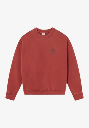 Koperkleurige sweatshirt met ronde hals en geribbelde manchetten en zoom, met een klein circulair logo op de linkerkant van de borst.