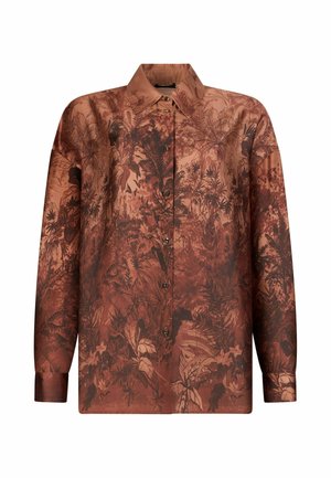 Overhemd met lange mouwen en knopen, met een puntige kraag, voorzien van een gedetailleerd bruin patroon van tropische bladeren en planten over het hele kledingstuk.