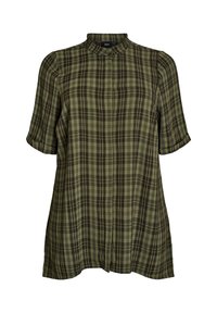 Camisa de manga corta a cuadros verde y marrón con cuello mandarín, que presenta un cierre de botones en la parte delantera y un corte holgado. La tela es ligera y suave.