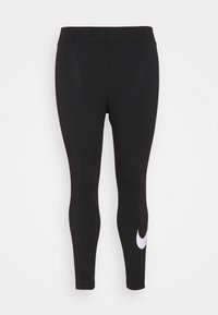 Svarta helängds idrottsleggings med en vit Nike swoosh-logotyp nära vänster vad och en elastisk midja.