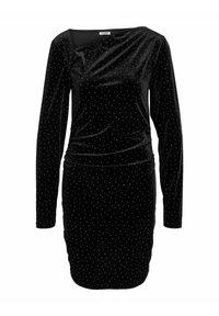 Svart fløyelskjole med lange ermer, asymmetrisk halslinning og spredte sølvfargede prikker. Figurformet silhuett med rynkedetalj ved midjen.