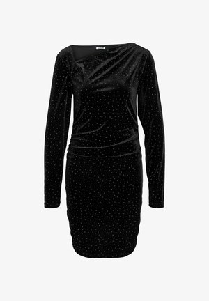 Robe en velours noir à manches longues, col asymétrique et points argentés dispersés. Silhouette ajustée avec un détail froncé à la taille.