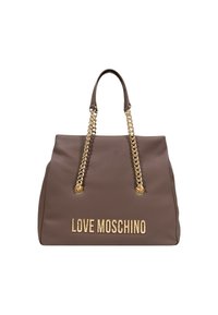 Bruine neplederen schoudertas met gouden kettinghengsels en het 'LOVE MOSCHINO' logo in metallic letters op de voorkant. Plat ontwerp, ruime interieur.
