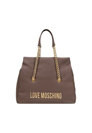 Borsa tote in similpelle marrone con manici a catena dorata e logo "LOVE MOSCHINO" in lettere metalliche sul davanti. Design piatto, interno spazioso.