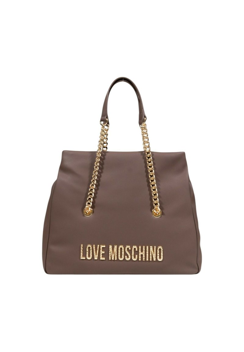 Bruine neplederen schoudertas met gouden kettinghengsels en het 'LOVE MOSCHINO' logo in metallic letters op de voorkant. Plat ontwerp, ruime interieur.