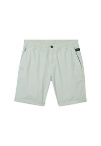 Jasnozielone szorty z elastycznym pasem, pojedynczym czarnym zapięciem na guzik, podwiniętymi mankietami i kieszeniami po bokach. Gładki materiał, bez wzorów.