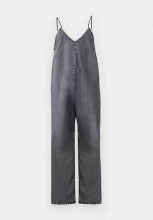 Grå denimklänningar med tunna justerbara remmar, design med vida ben och en avslappnad passform. Har en rak ringning och minimala sömnadsdetaljer.