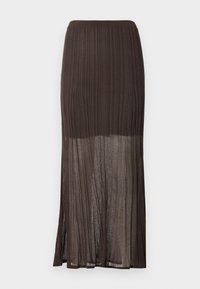 Jupe maxi plissée marron avec une surface texturée, dotée d'une taille haute et d'un matériau transparent en bas pour un effet superposé.