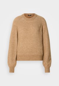 Beige gestrickter Pullover mit Rundhalsausschnitt, Raglanärmeln sowie gerippten Bündchen und Saum. Weicher Stoff und entspannter Schnitt.