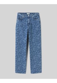 Jean en denim bleu avec un léger motif paisley, coupe droite, cinq poches et fermeture à bouton à la taille.