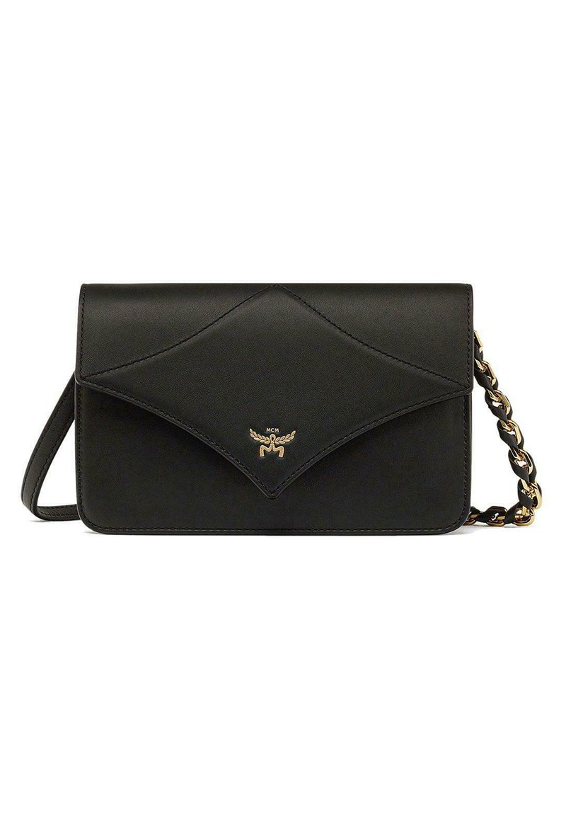 Borsa a tracolla in pelle nera con chiusura a pattina, caratterizzata da un motivo a diamante sul davanti, dettaglio del logo dorato e una tracolla a catena.