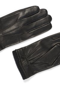 Svarta läderhandskar med en slät yta, femfingerdesign och ribbad stickad handled. Inkluderar dekorativa sömmar på baksidan.