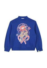 Blauwe pullover sweatshirt met een hoge kraag, voorzien van een grafiek van een paard in een zonnebril met een suikerstok. Zacht materiaal, geribde manchetten.