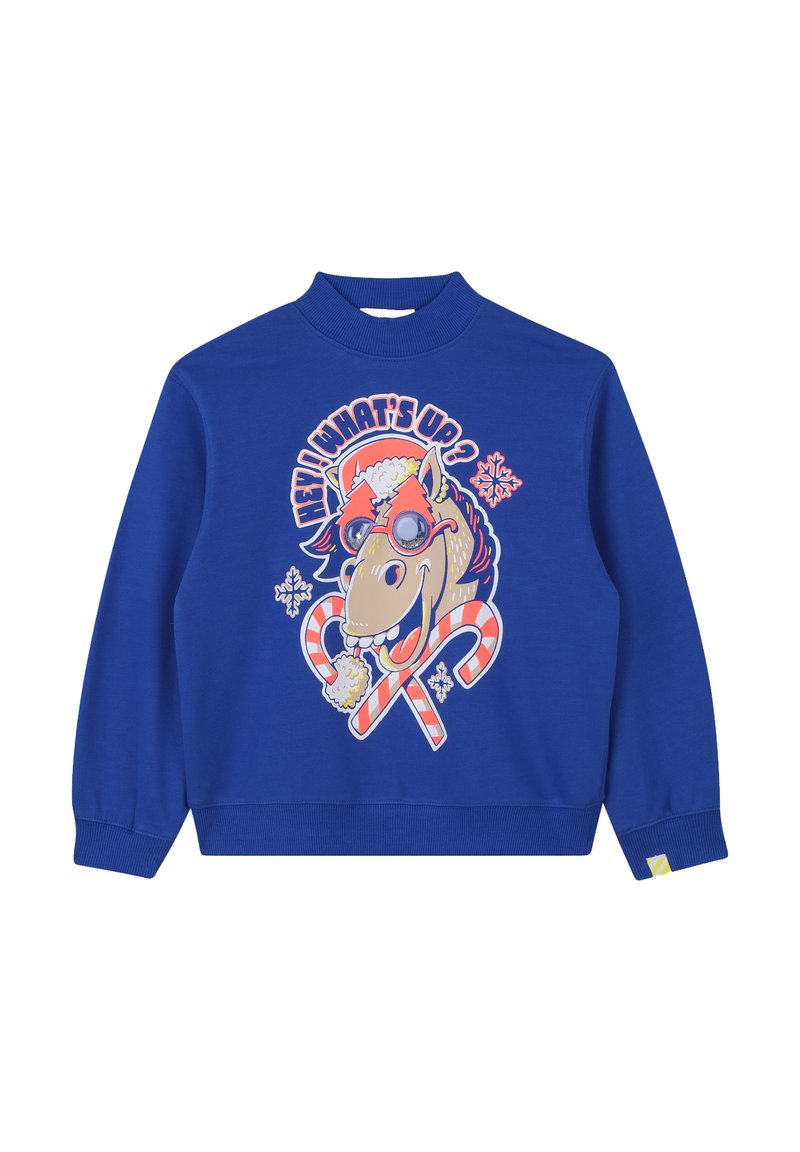 Blauwe pullover sweatshirt met een hoge kraag, voorzien van een grafiek van een paard in een zonnebril met een suikerstok. Zacht materiaal, geribde manchetten.