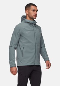 Uomo vestito con una giacca con cappuccio blu-grigia e pantaloni neri, in piedi di lato su uno sfondo bianco semplice.