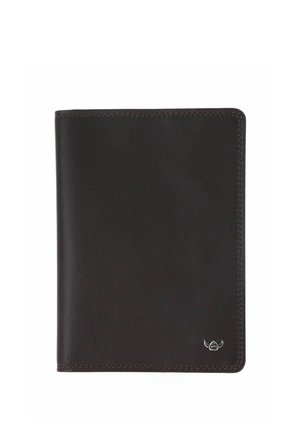 Dark brown leather wallet with visible stitching and a small silver logo at the bottom right corner on a white background.