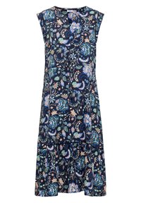 Robe sans manches bleu marine avec motif floral coloré, encolure ronde et détail d'ourlet de jupe à volants.