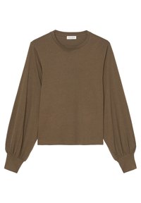 Olivengrünes Langarmshirt aus weichem Baumwollstoff. Mit Rundhalsausschnitt, abgerundetem Saum und Ballonärmeln mit gerafftem Bündchen. Lässiges Design.