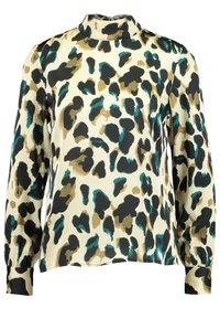 Pitkähihaista paitaa, jossa on korkea kaulus. Paita on beigen värinen ja siinä on abstrakti leopardikuosi mustilla, oliivinvihreillä ja teal-vihreillä yksityiskohdilla.