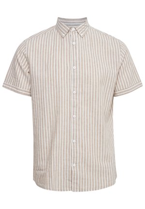 Camicia a manica corta con bottoni di colore beige chiaro, decorata con strisce verticali bianche, dotata di colletto aperto e cinque bottoni bianchi sul davanti.