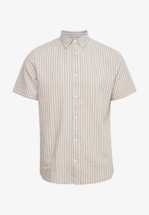 Short-sleeve button-up shirt in light beige with vertical white stripes, featuring a spread collar and five white buttons on the front.
