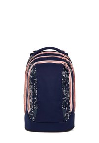 Zaino navy con dettagli rosa, motivo floreale sui lati, molteplici scomparti con cerniera, manico imbottito e tessuto resistente.