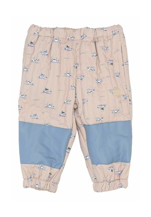 Børns beige quiltede bukser med små bådmotiver og lyseblå forstærkede knælapper, elastisk talje og manschetter samt sidelommer.