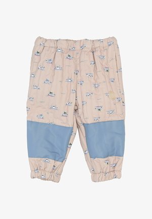 Lasten vaaleat beige vuoratut housut, joissa on pieniä venetulosteita ja vaaleansinisiä vahvistettuja polvipaikkoja, joustava vyötärö ja hihnat, sekä sivutaskut.