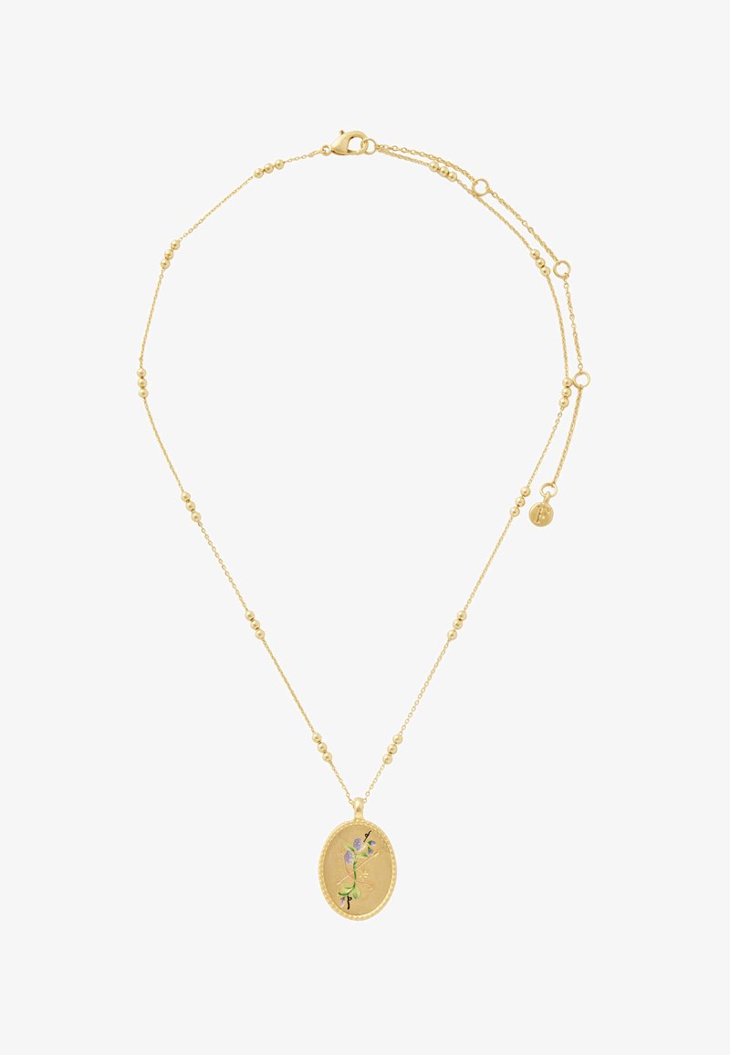 Kultainen ketjukaulakoru, jossa on pieniä helmiä ja ovaalimainen riipus, johon on kaiverrettu herkkä violetti- ja vihreä kukkakuvio.