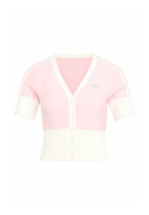 Roza i bijela kratka kardigan s kratkim rukavima, V-izrezom, s prednjim gumbima i tri pruge na rukavima. Mekana, glatka tekstura.