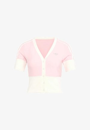 Cárdigan corto rosa y blanco con mangas cortas, escote en V, botones delanteros y tres rayas en las mangas. Textura suave y lisa.