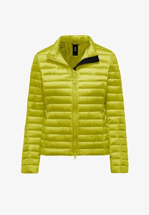 Jasnozielona pikowana kurtka z kołnierzem stojącym, zamkiem błyskawicznym z przodu i poziomymi naszytymi sekcjami, prezentowana na białym tle.