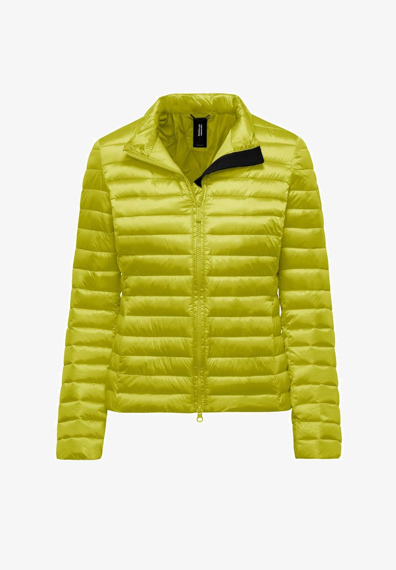 Hellgrüne, gesteppte Jacke mit Stehkragen, Frontreißverschluss und waagerechten Steppnähten, auf weißem Hintergrund dargestellt.