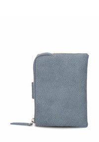 Compact grijze leren portemonnee met een gestructureerd oppervlak en een ritssluiting op een witte achtergrond.