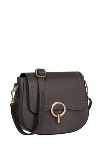 Gray leather crossbody bag with a textured finish, gold hardware, a circular accent, and an adjustable strap. Attached flap closure.