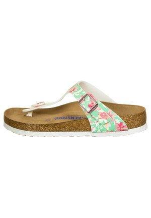 Dames thongsandal med korksål, mintgrøn rem med lyserødt blomsterprint, justerbar spænde og hvid tåpost.