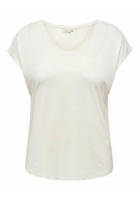 Maglietta bianca a maniche corte con scollatura a V. Realizzata in tessuto morbido, presenta una vestibilità rilassata e un orlo arrotondato per un comfort maggiore.