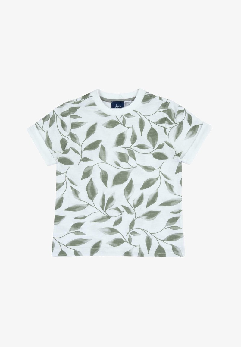 T-shirt blanc à manches courtes avec un motif de feuilles vertes. Fabriqué en tissu léger et doux, avec un col rond et des manches retroussées.