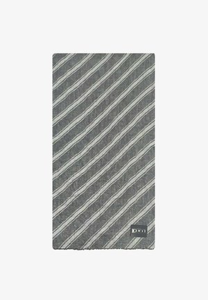 Gray textured fabric with diagonal white stripes. Features a small black logo at the bottom corner. Overall rectangular shape.
