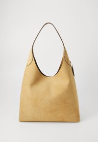 Yellow suede hobo bag with a smooth texture, wide opening, and a brown leather trim along the top. Features a silver-tone zipper pull.