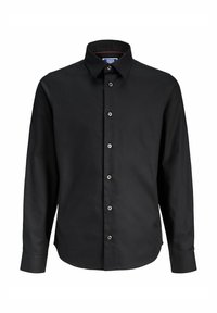Chemise noire à manches longues avec boutons, col pointu et boutons visibles sur le devant sur fond blanc.