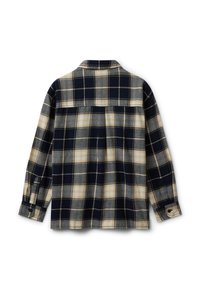Camicia di flanella a maniche lunghe con motivo a quadri blu navy, grigio e beige, mostrata da dietro con polsini abbottonati e colletto ripiegato.