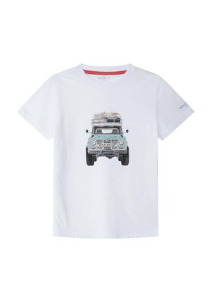 Weißes Baumwoll-T-Shirt mit einem Frontdruck eines blauen Vintage-Fahrzeugs mit Surfbrettern auf dem Dach. Kurze Ärmel und Rundhalsausschnitt.