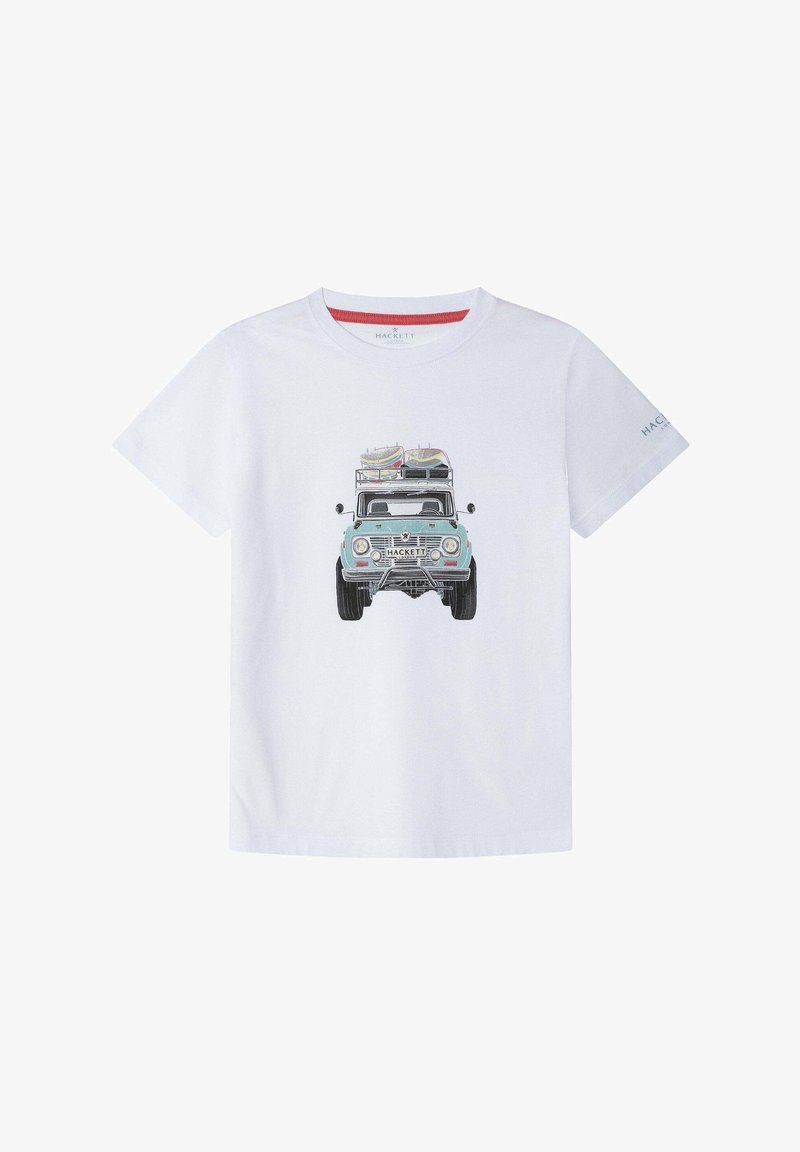 Hvid bomulds-T-shirt med frontprint af et blåt vintagekøretøj med surfbrætter på taget. Korte ærmer og rund hals.