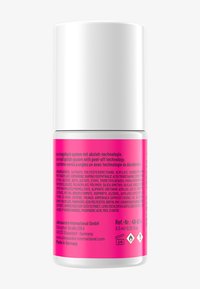 UV-Nagellack in einer zylindrischen weißen Flasche mit einer pinken Basis. Text in mehreren Sprachen auf dem Etikett, der Zutaten und Anwendung beschreibt.