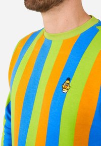 Mehrfarbiger Pullover mit vertikalen Streifen in Blau, Grün und Orange, mit einer Cartoonfigur-Stickerei auf der Brust.
