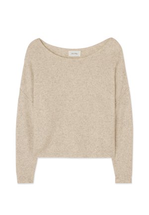 Beige, lühike kootud kampsun pehmest materjalist, millel on lai, ümar kaelus ja pikad varrukad ning kerge tekstuur.