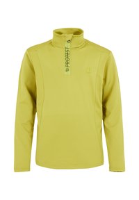 Langsleevige, ritssluiting pullover van fel groen-geel materiaal. Kenmerkt zich door een hoge kraag, een logo-detail aan de voorkant en platte naden voor een soepele afwerking.